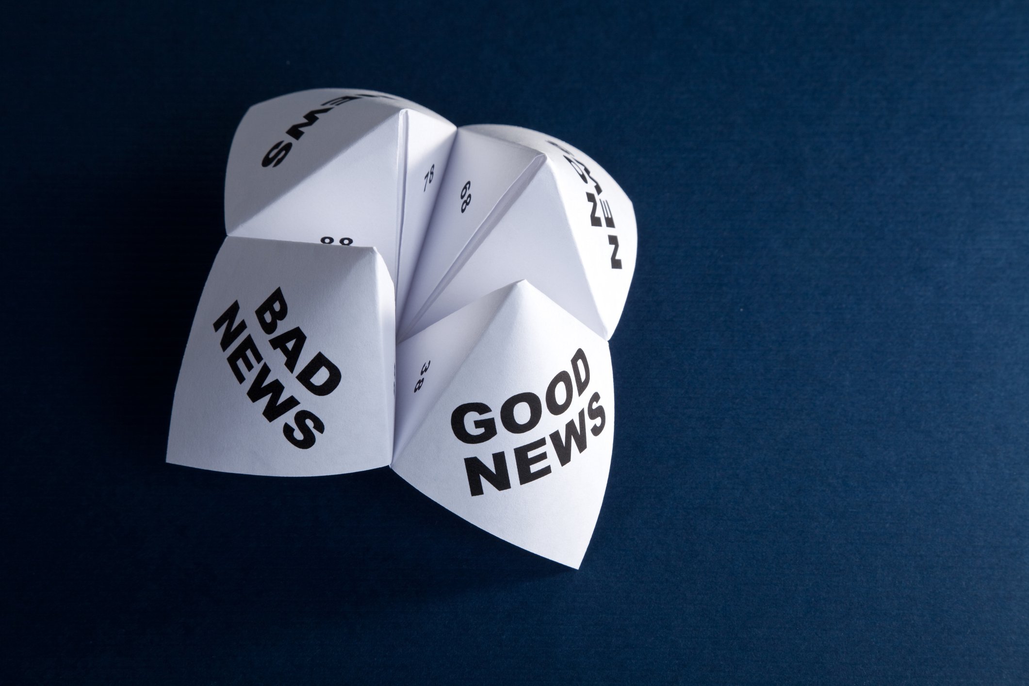 Paper fortune teller with "bad news" and "good news" printed on the paper