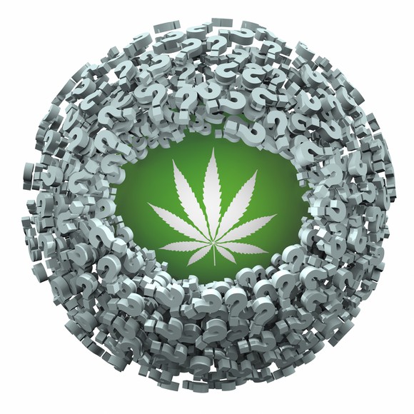 Image of a cannabis leaf at the center of a circle of question marks piled on top of each other