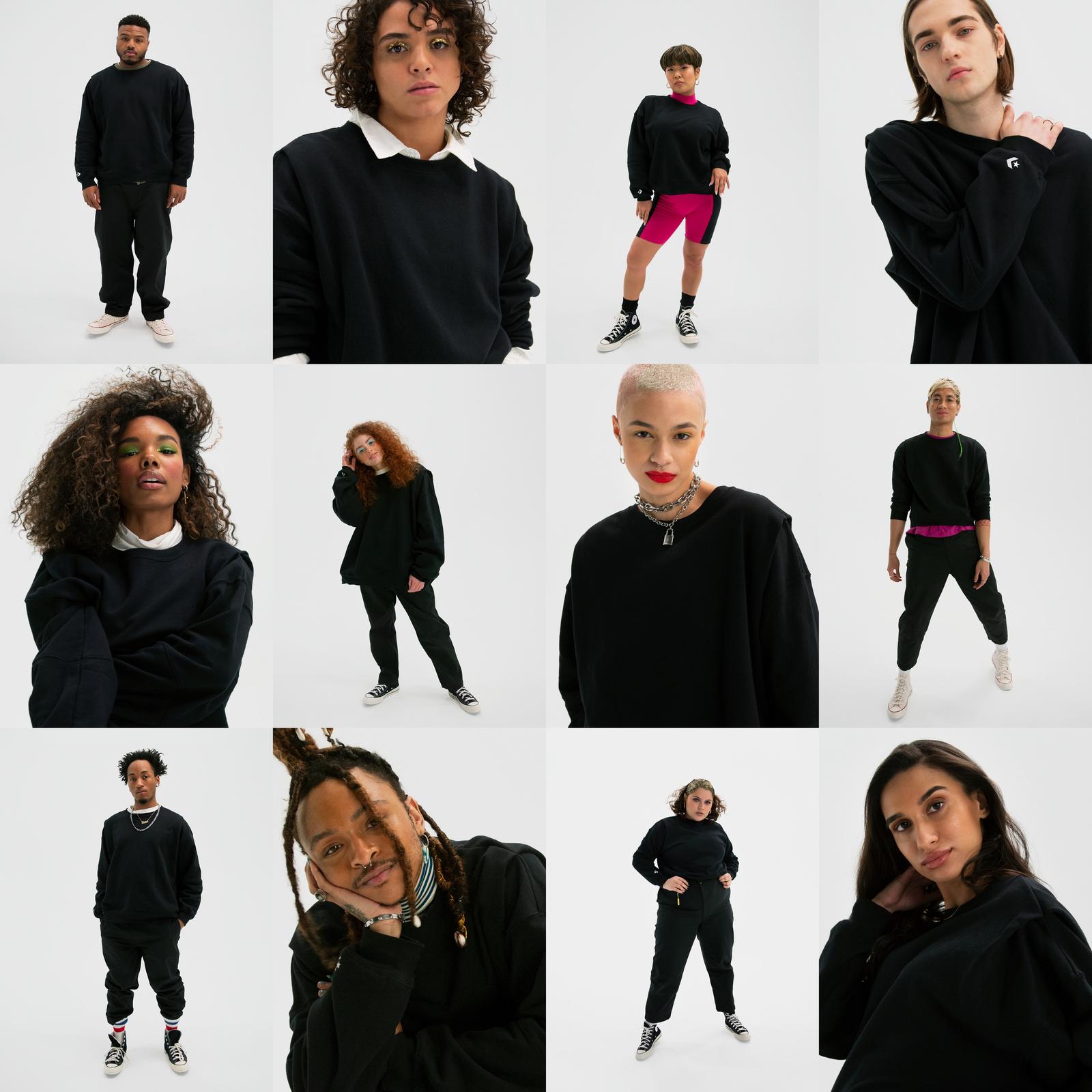 a collage of young-looking peopel wearing black sweatshirts from Nike's SHAPES line.