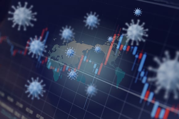 Map of the world with an overlay of virus icons and a downward-trending graph