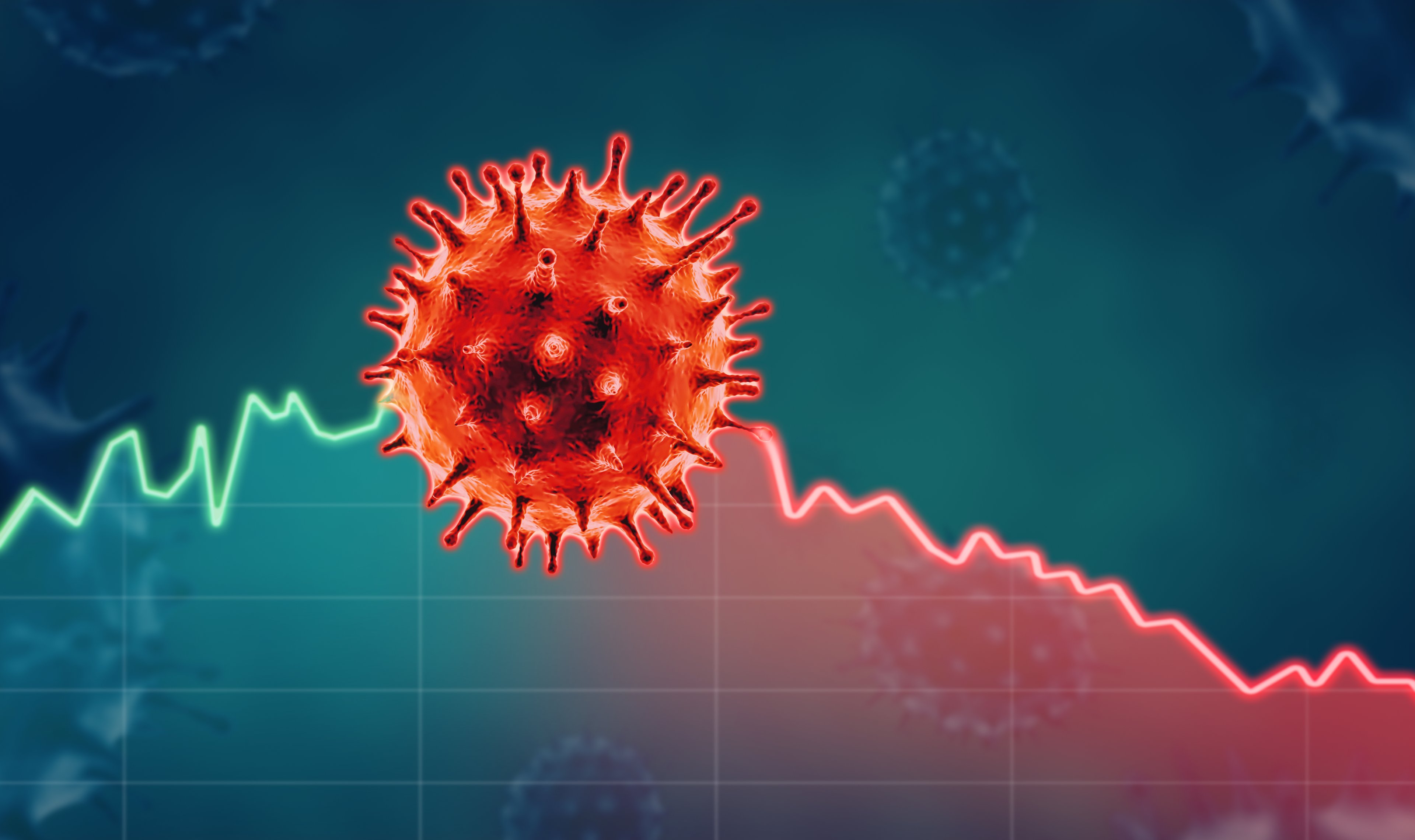 Coronavirus in front of a stock chart going down