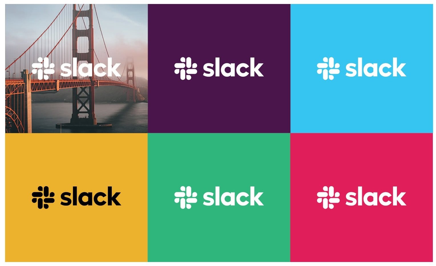 Six panes of Slack logos, one with Golden Gate Bridge.
