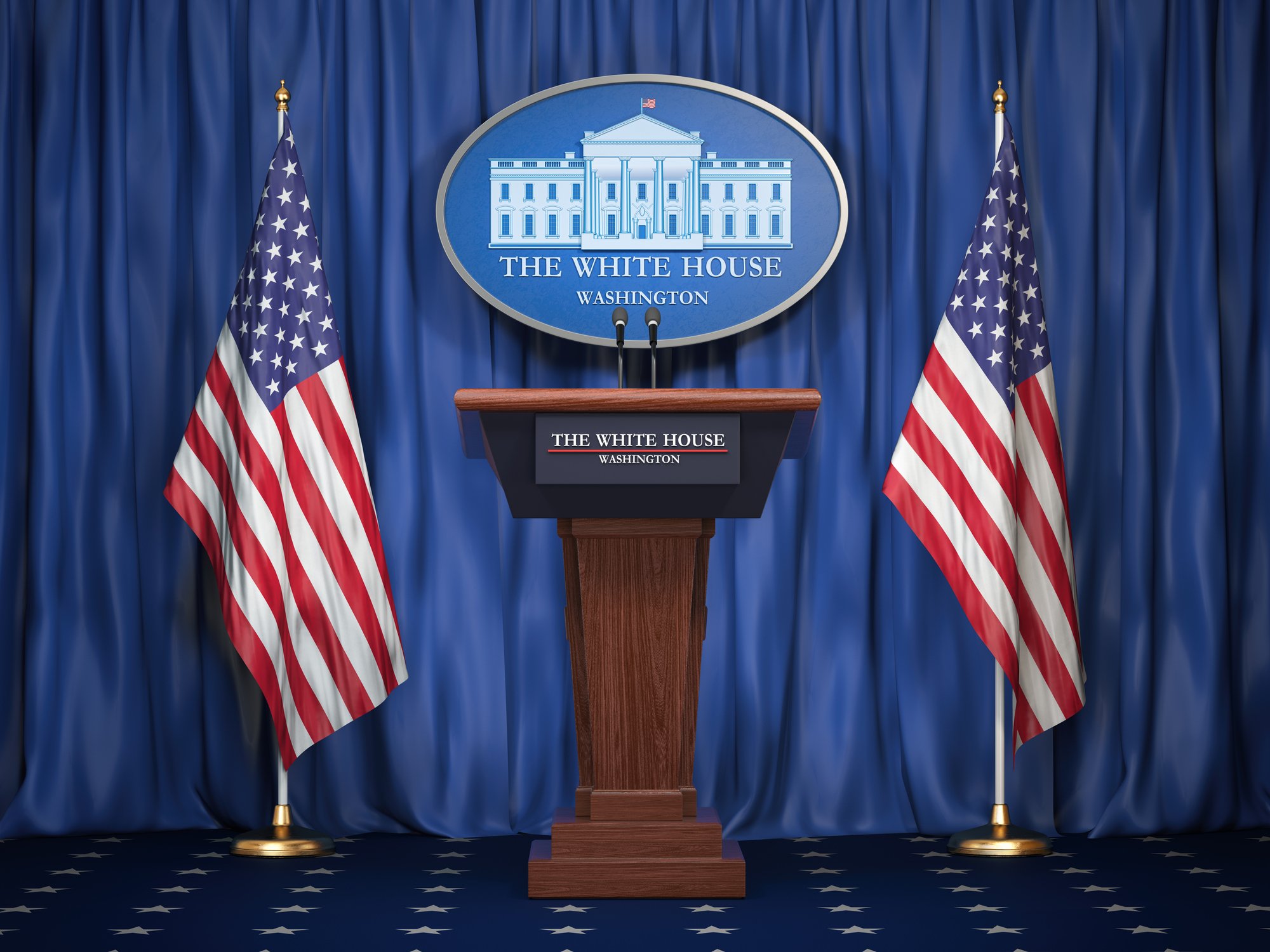 An empty White House podium in advance of a news conference.