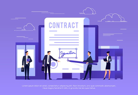 Cartoon  image of small business people electronically signing a huge contract with an electronic stylus. 