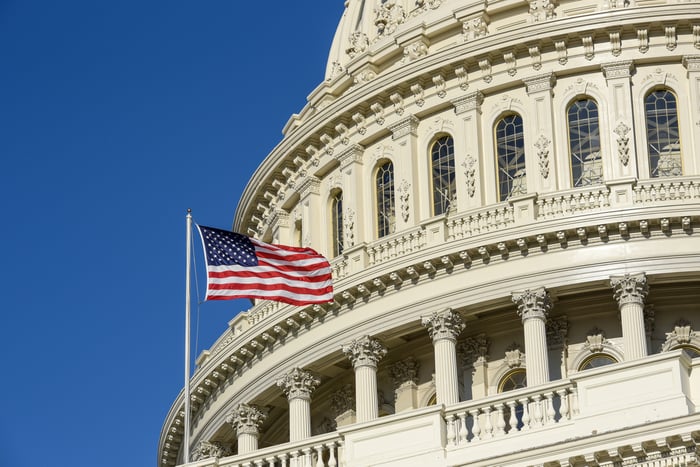 An American flag in front of the House of Representatives.