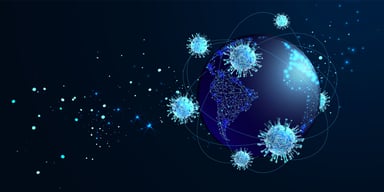 Earth surrounded by coronavirus microbes