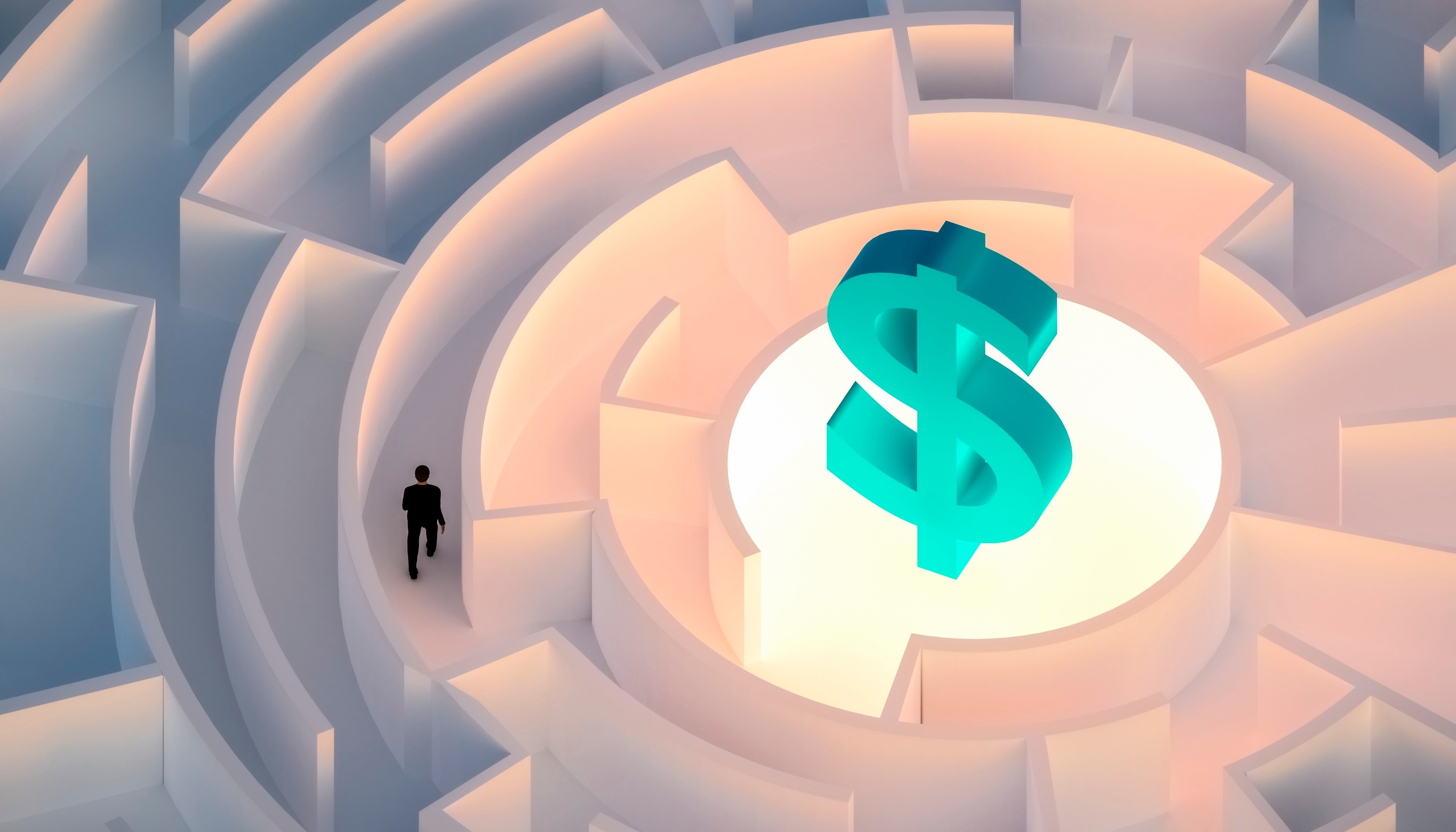 Man walking in a maze with money symbol at center