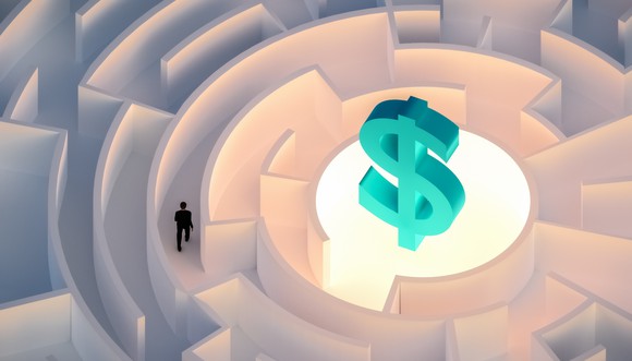 Man walking in a maze with money symbol at center