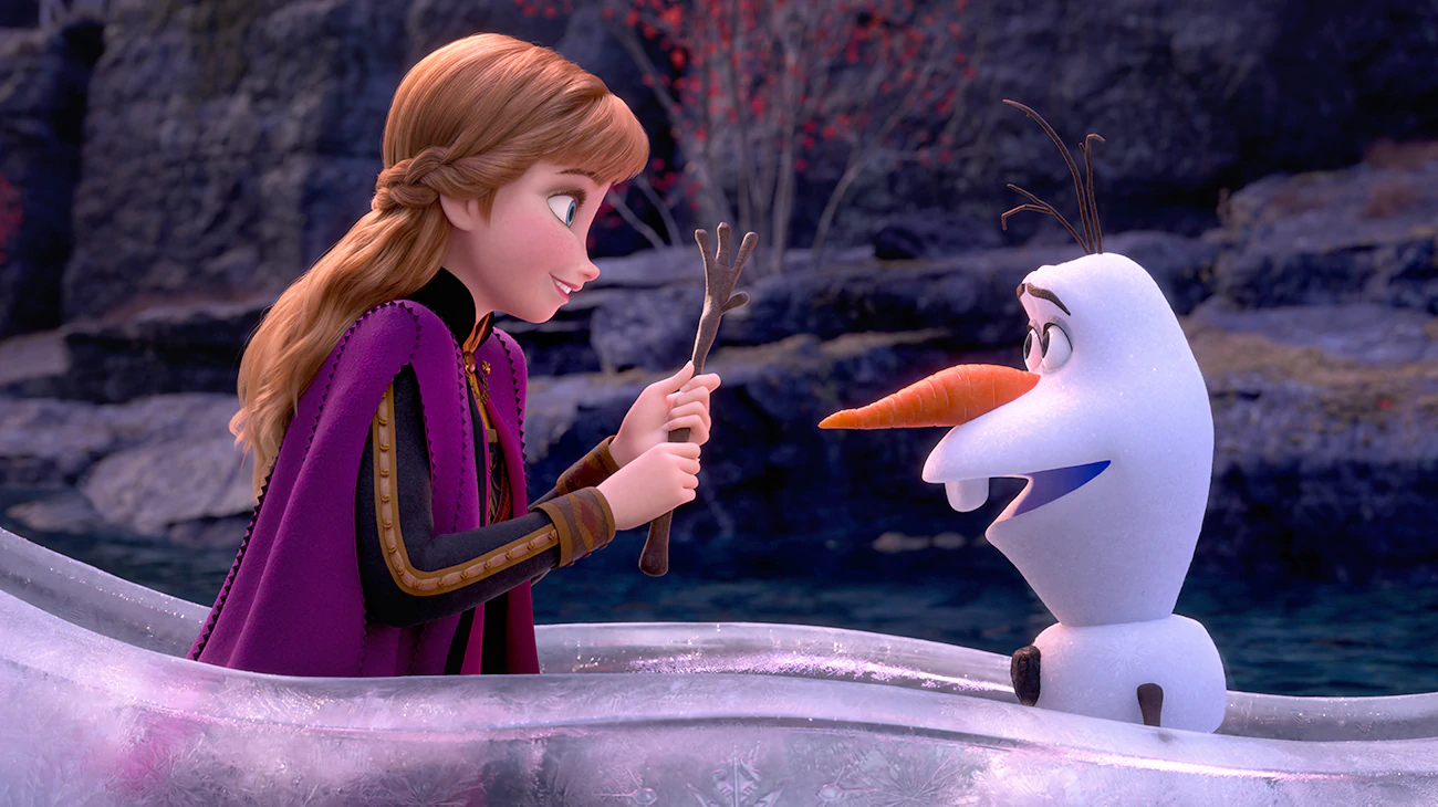 Snapshot from Frozen 2 where Anna gives Olaf his arm back.