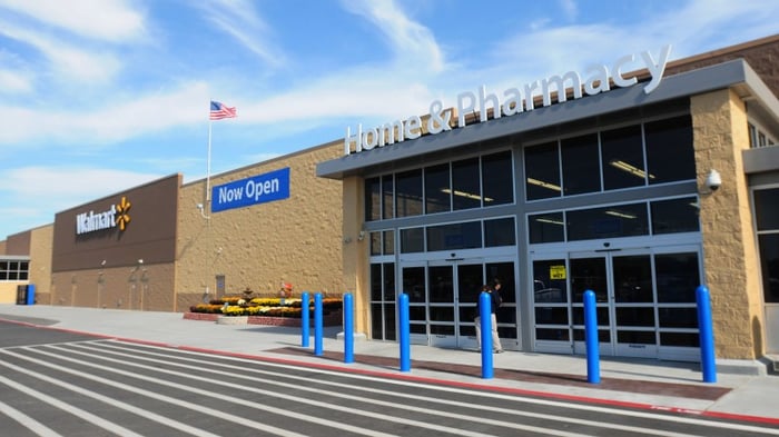 The exterior of a Walmart.