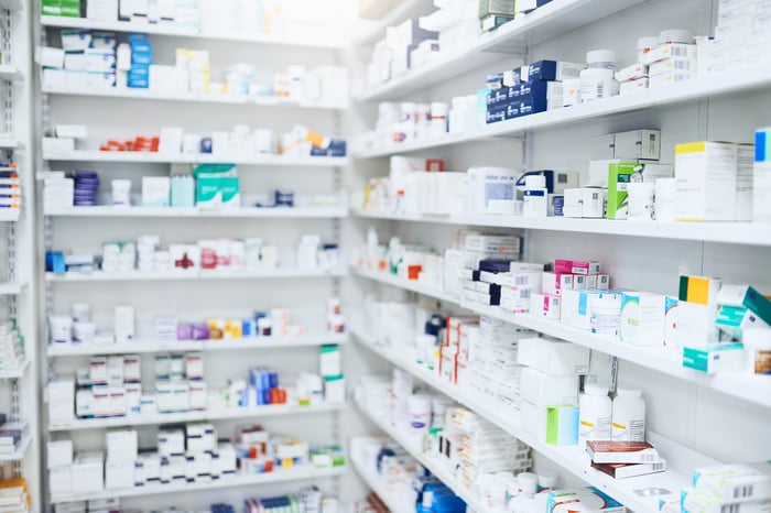 Medical products in a pharmacy.