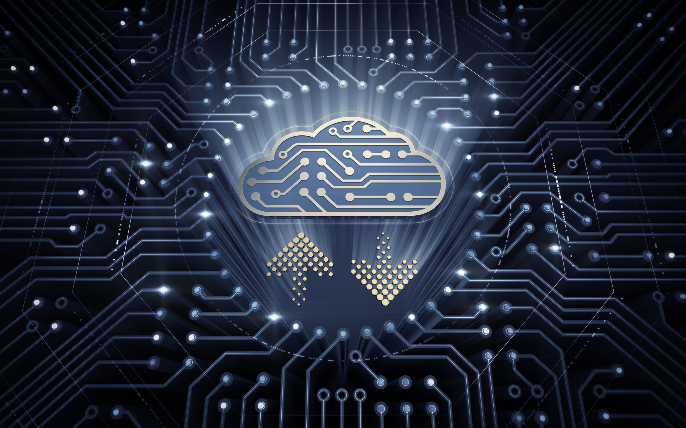 Image showing a cloud icon and upload and download arrows with electrical circuit texture.  