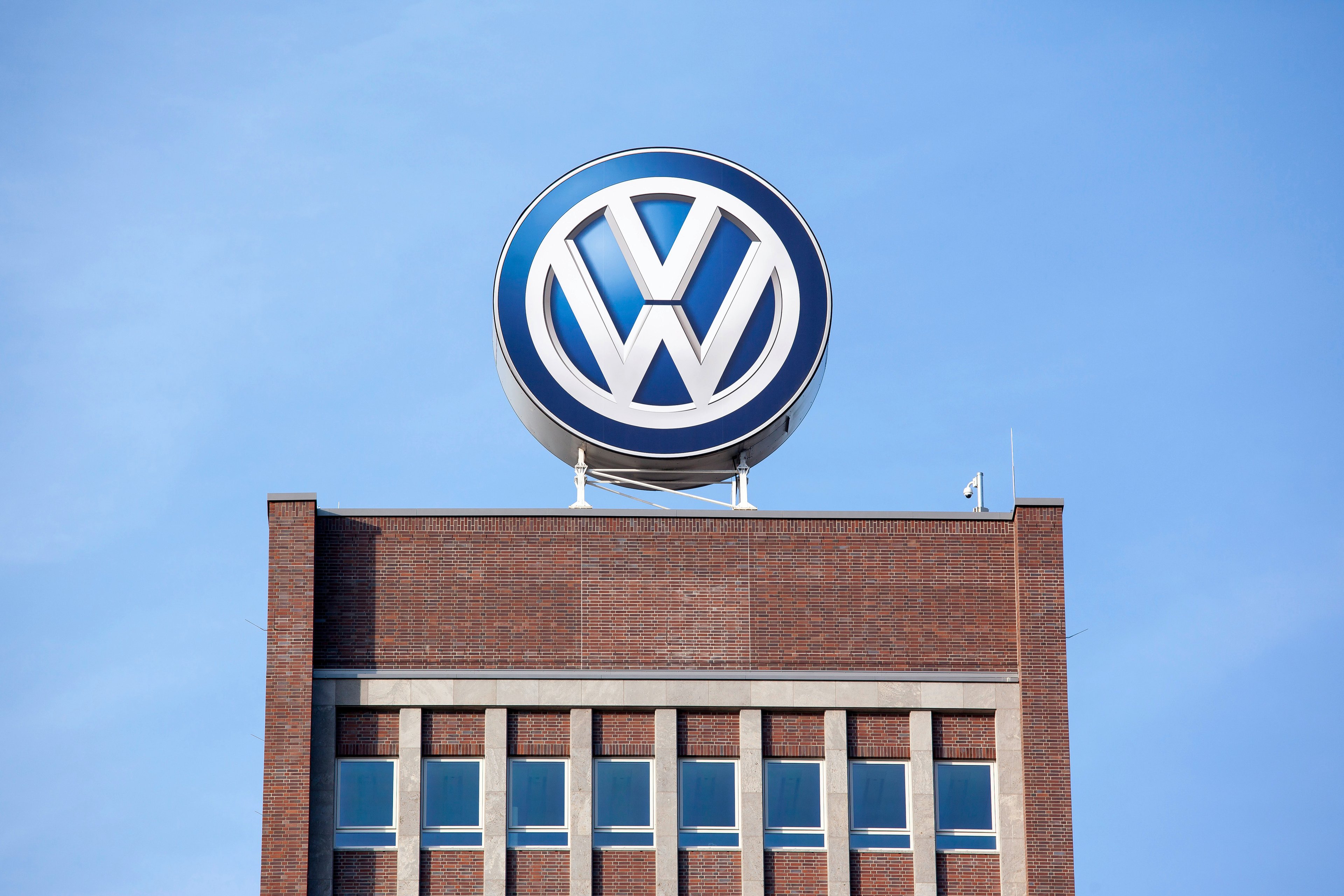 The VW sign on the roof of Volkswagen's global headquarters in Wolfsburg, Germany.