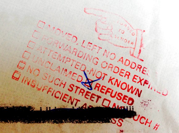Return to sender stamp, refused delivery