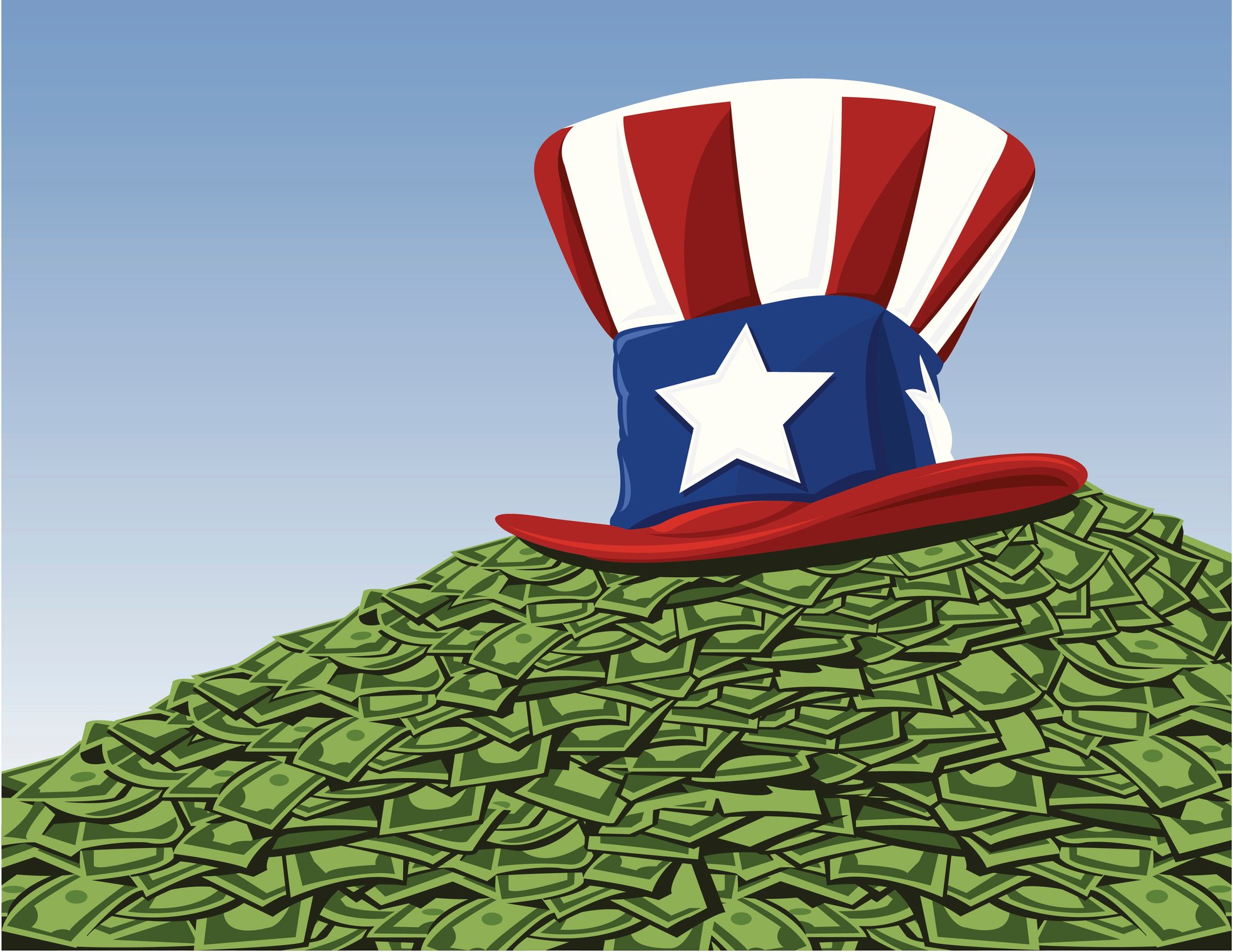 Uncle Sam hat on top of cash pile representing government money