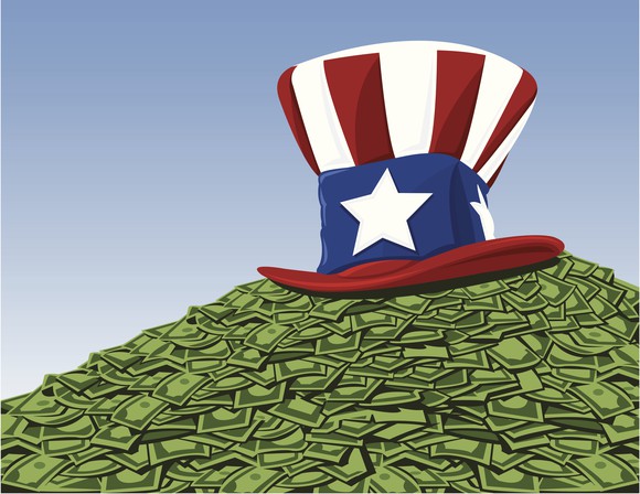 Uncle Sam hat on top of cash pile representing government money