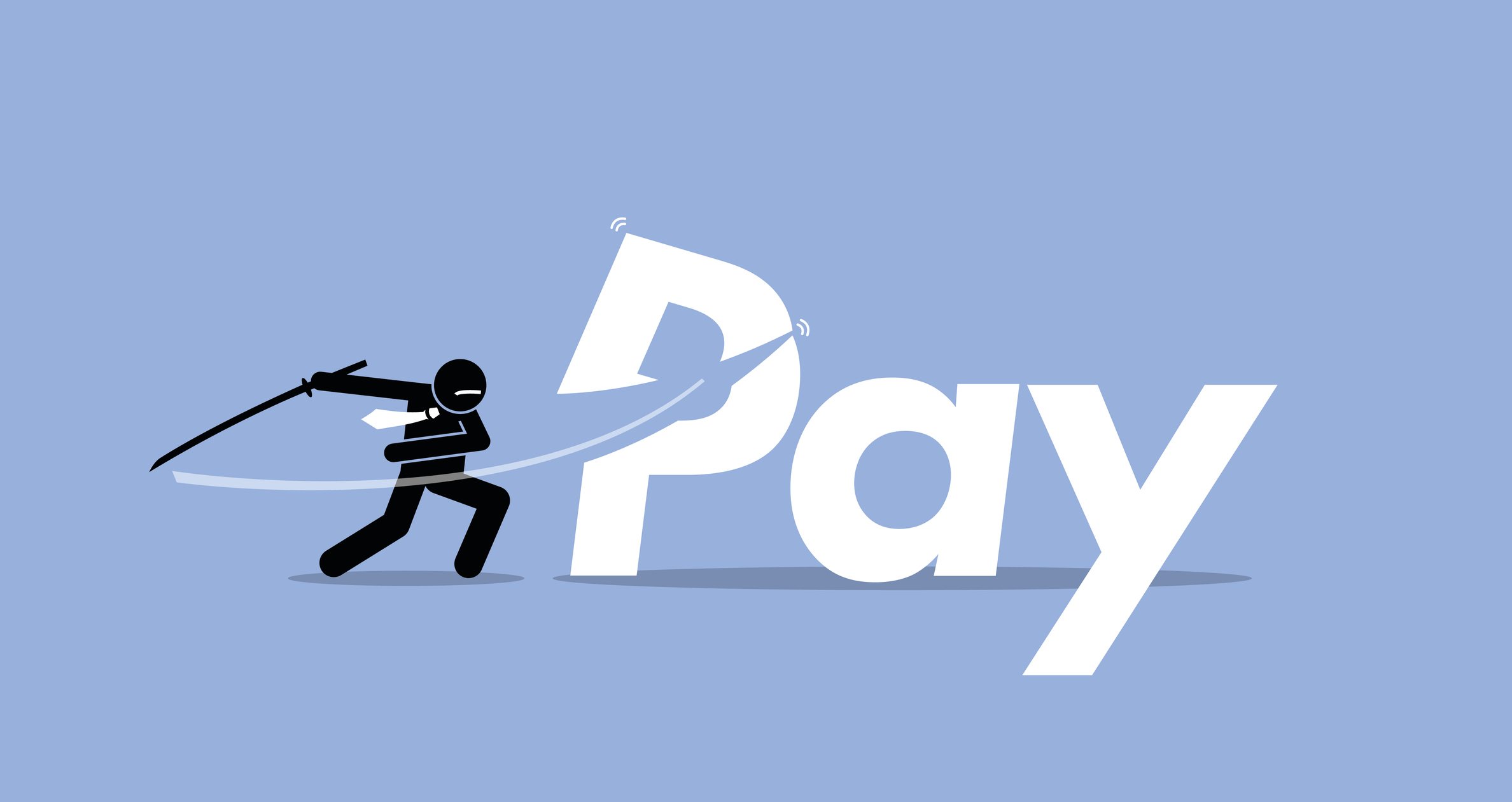 Graphically drawn character slashing the word "pay" with a sword