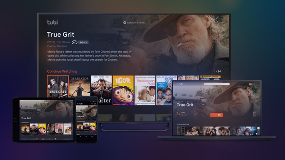 The Tubi home screen showing a variety of streaming options, featuring the movie True Grit.