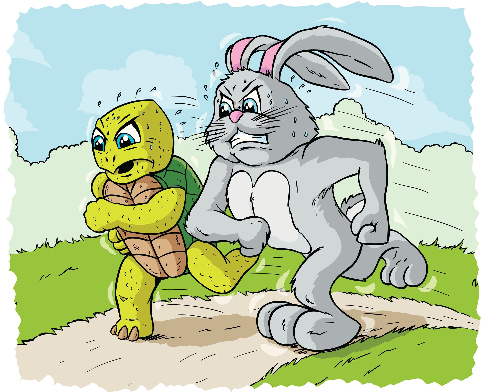 Cartoon of a rabbit and a tortoise in a race