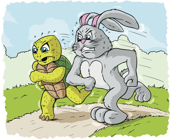 Cartoon of a rabbit and a tortoise in a race