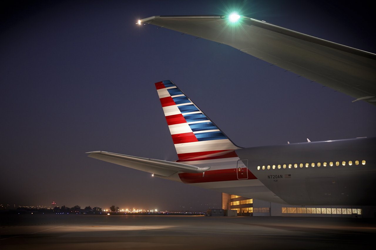 A Boeing 777 tail at night. 