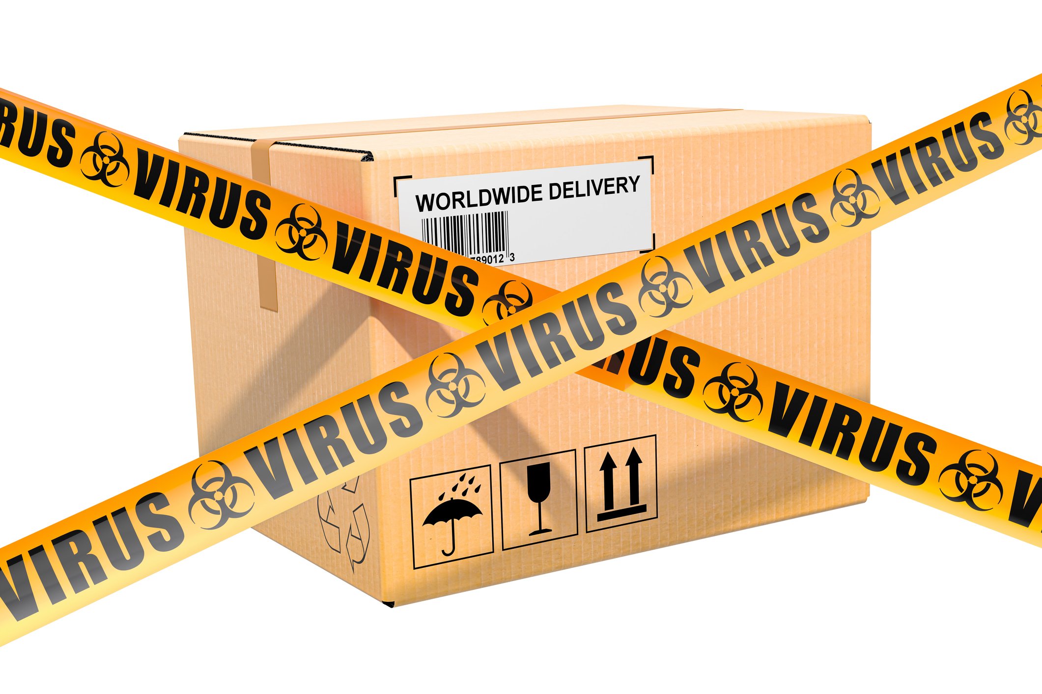 A parcel with virus stickers around it.
