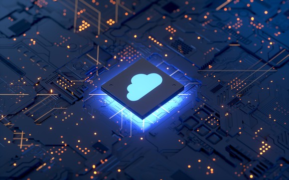 An illustration of a cloud on a computer chip.