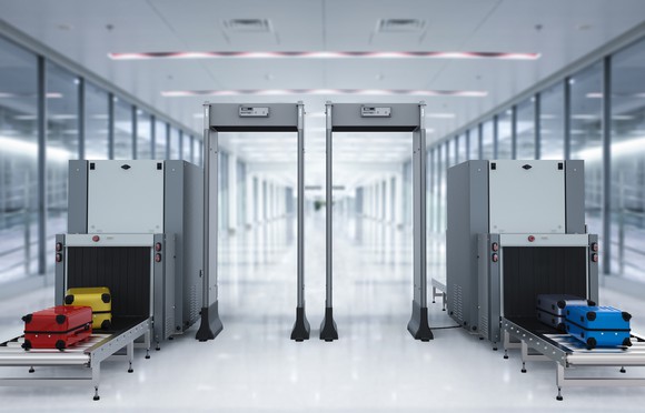 An empty airport security checkpoint.