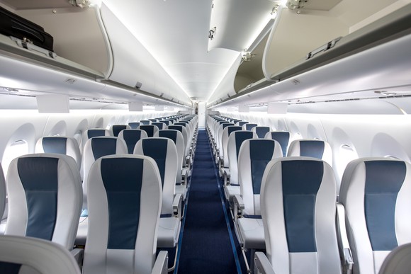 An empty airline cabin.