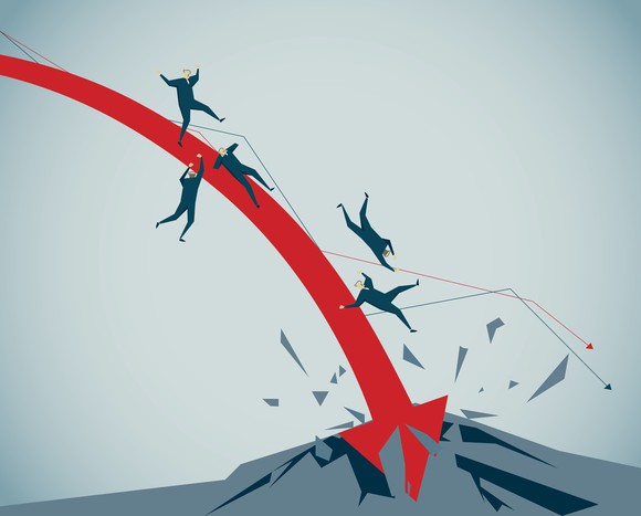 A red stock market arrow that's collapsing.