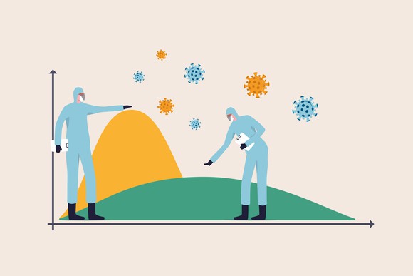 Illustration showing medical workers working to flatten the curve to slow COVID-19 infection for enough health care capacity