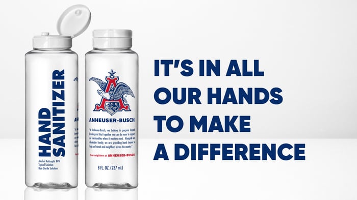 Front and back views of an Anheuser-Busch hand sanitizer bottle.