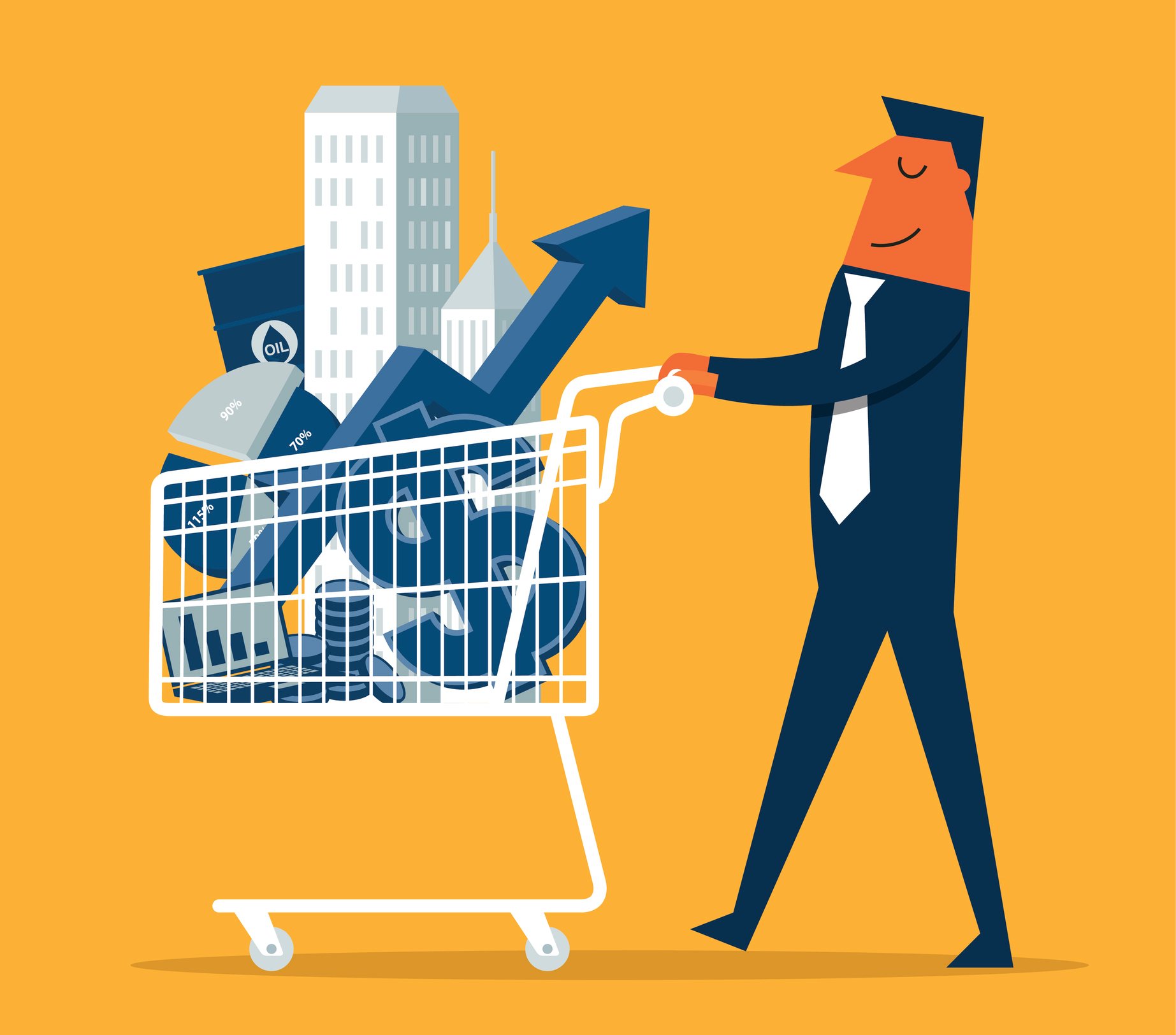 An investor pushing a shopping cart filled with good deals.