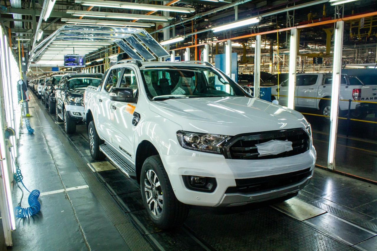 Ford Ranger pickups move down the production line at Ford's Silverton Assembly Plant in South Africa.