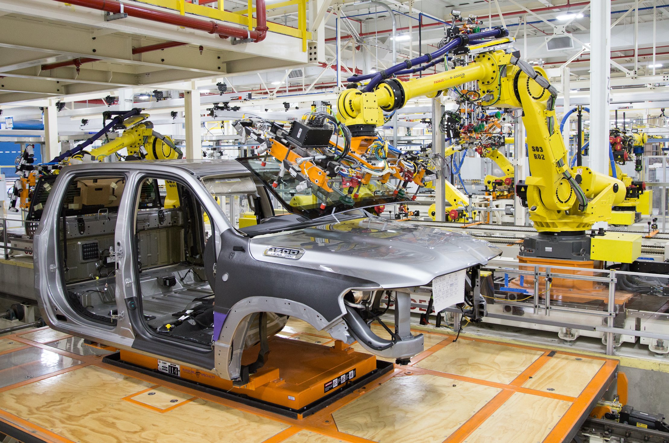 A Ram 1500 pickup moves down the assembly line at FCA's Sterling Heights Assembly Plant in Michigan.