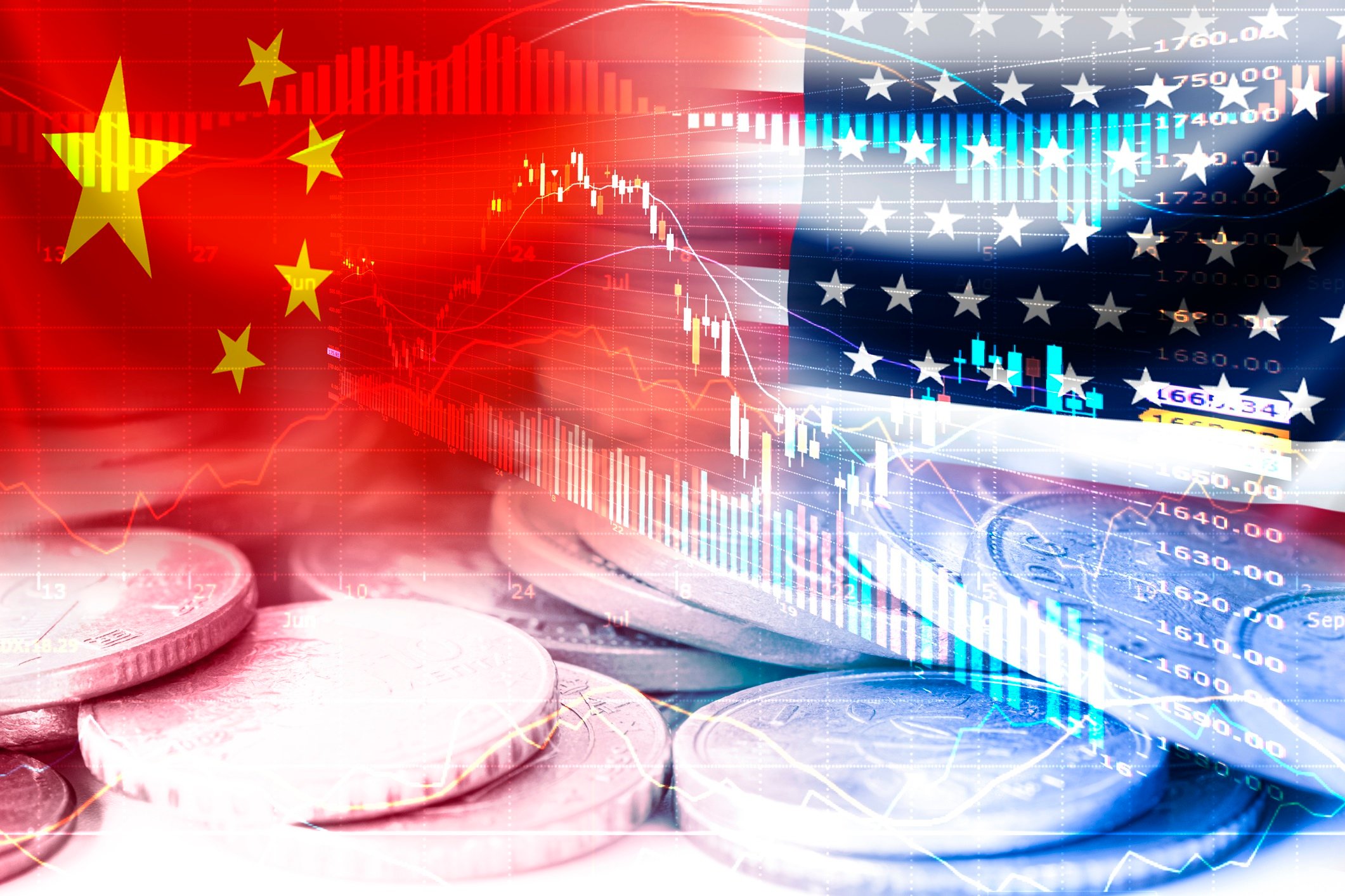 U.S. and China flag with both currencies. 