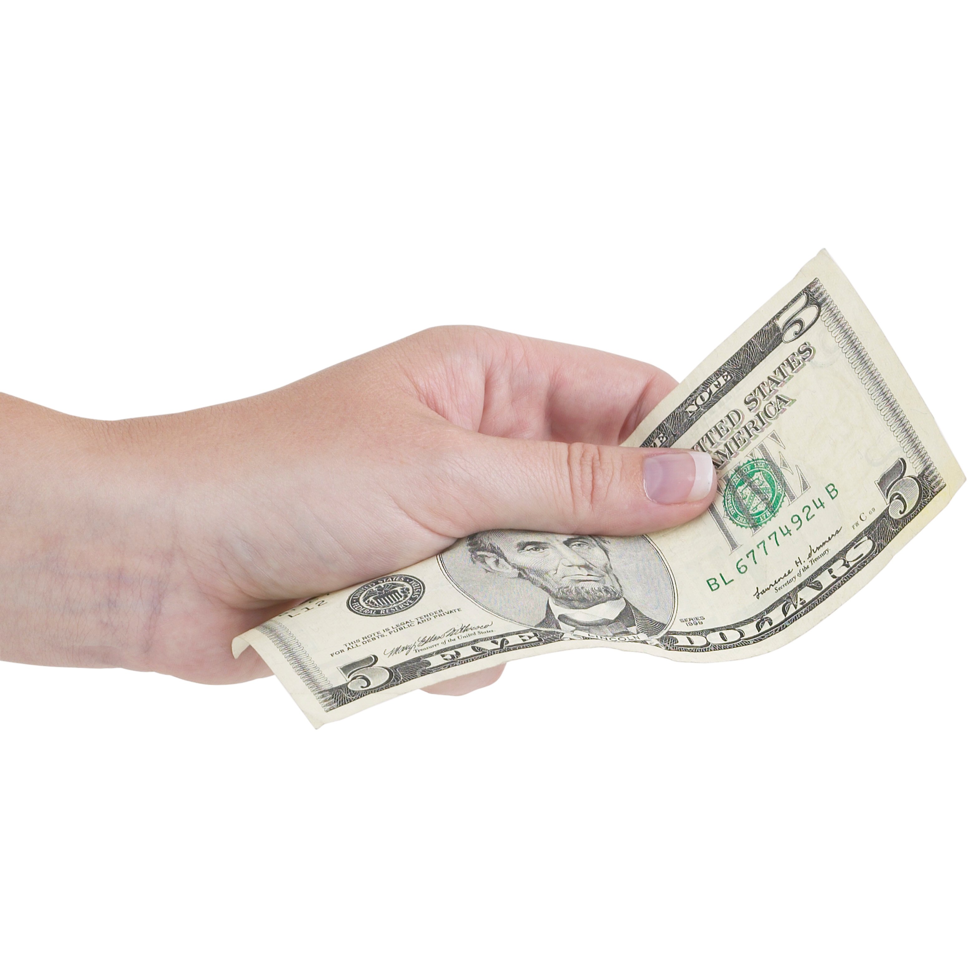 A hand set against a white background holding a five dollar bill.