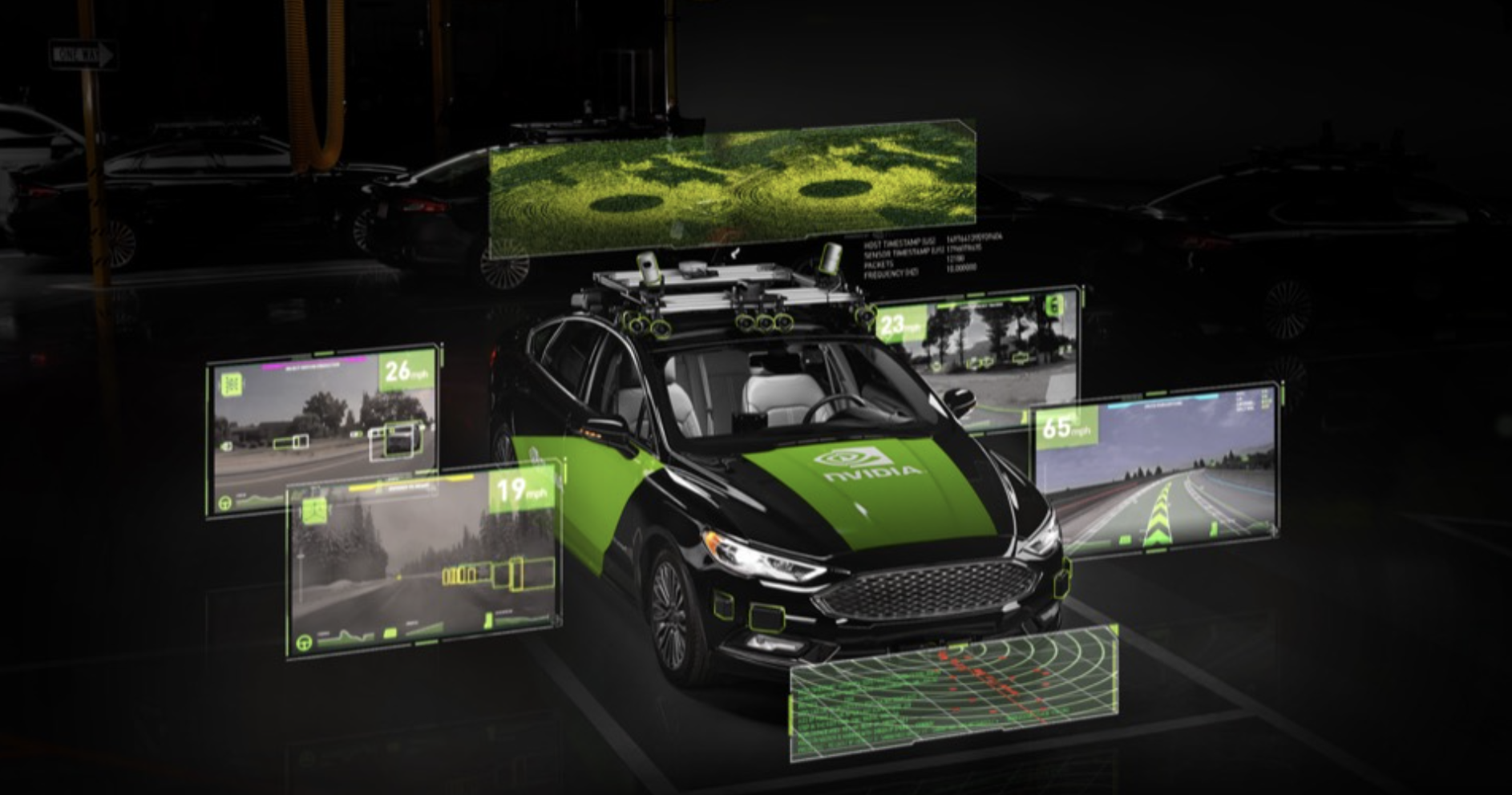 A vehicle with the NVIDIA corporate logo displayed on the hood with screenshots of computer displays hovering around the car.