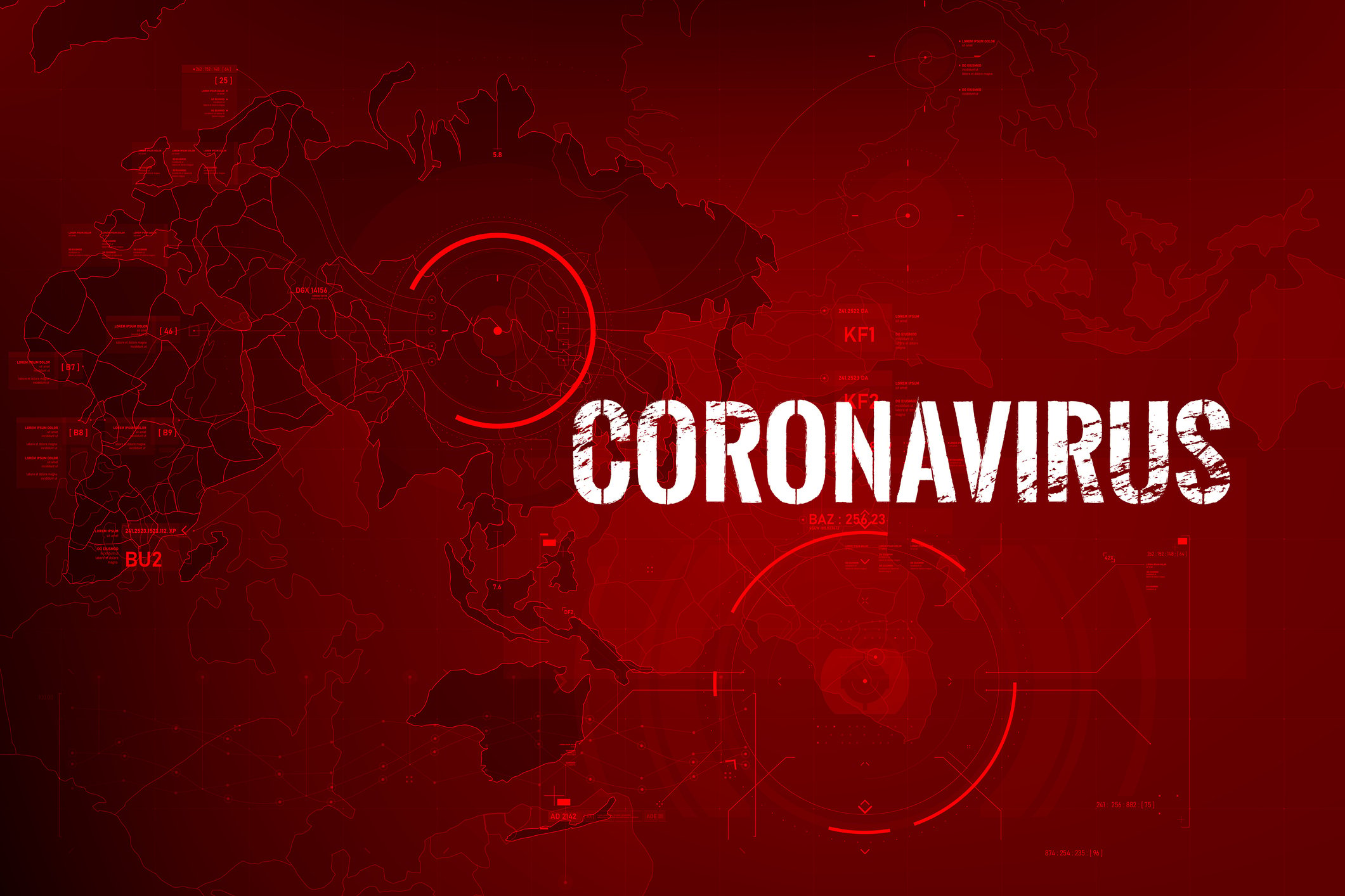 The word Coronavirus over a blurred world map with some hot spots circled