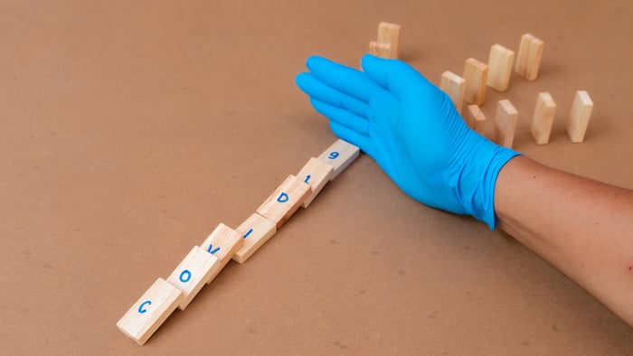 Gloved hand stopping wooden domino-like blocks spelling COVID19 from causing other wooden blocks to fall over