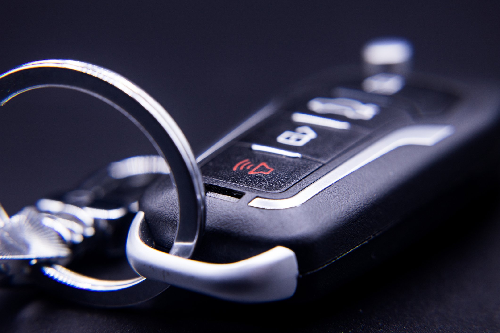 An electronic key fob up close.
