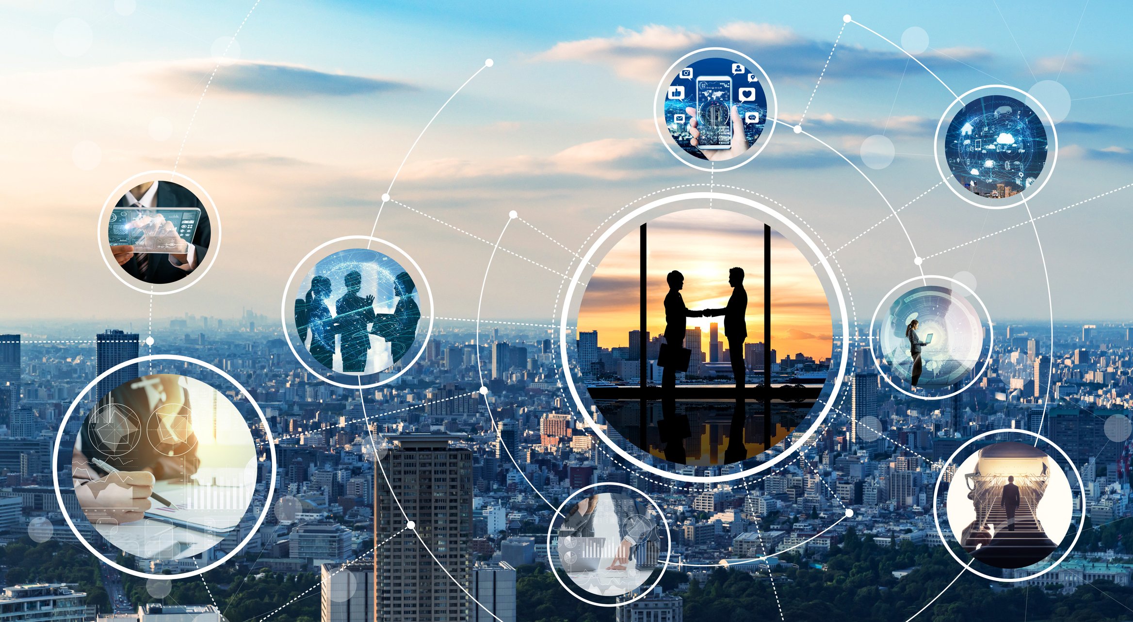 A series of bubbles, showing scenes of business being done, over a cityscape. 