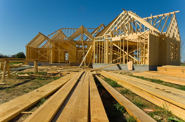 A wood frame home, under construction.