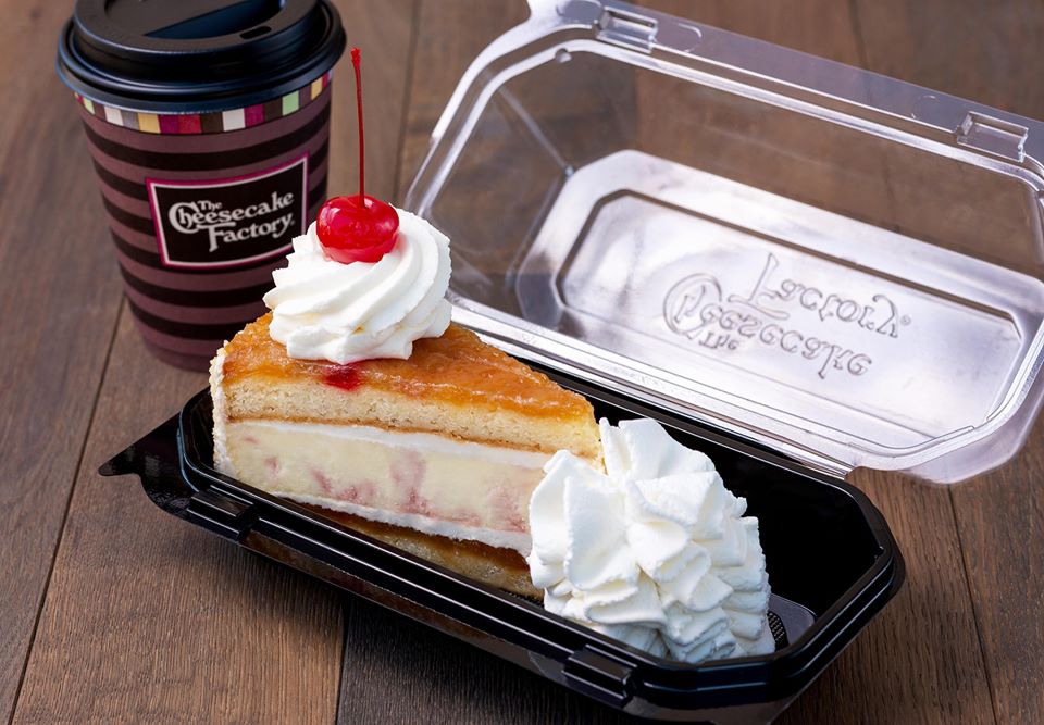 A slice of cheesecake and a coffee from The Cheesecake Factory.