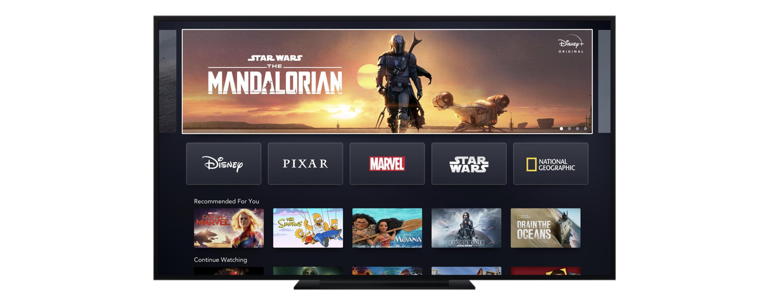 A TV with the Disney+ main menu displayed.