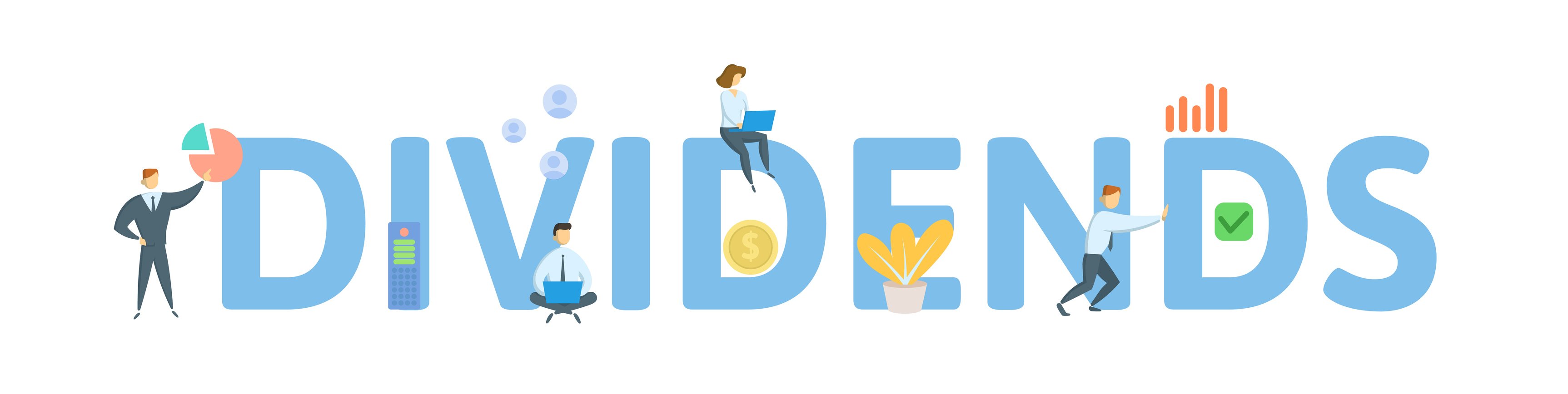 The word Dividends with figures of people reading charts and using laptops