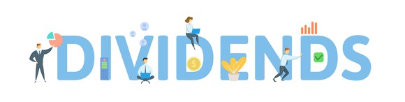 The word Dividends with figures of people reading charts and using laptops