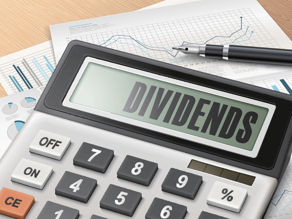 a calculator sits on financial charts while showing the word "dividends" on its screen