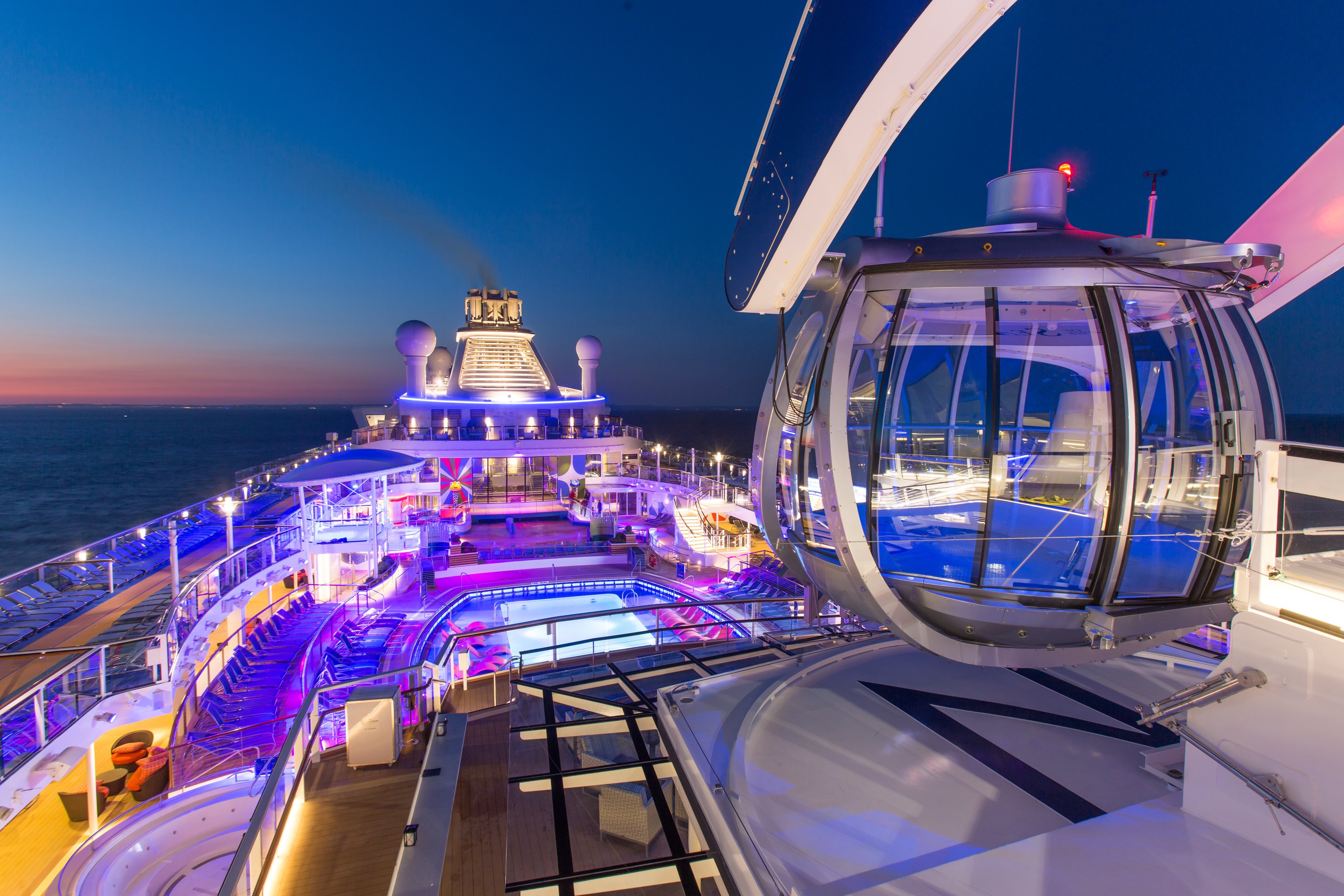 The top deck of Royal Caribbean's Anthem ship at night.