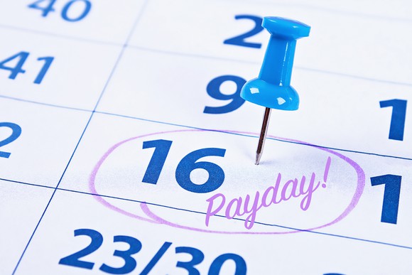 A calendar with payday marked with a circle.